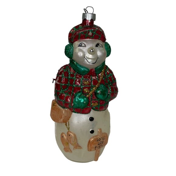 Hand-Painted Glass Snowman Christmas Ornament Gone Ice Fishing Theme Red Plaid - Picture 1 of 8